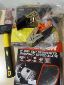 *Small Quantity of Tools; 9" Circular Saw Blade, Ratchet Straps, and a Mallet