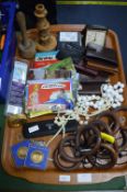 Tray Lot of Collectibles; Curtain Rings, Alarm Clo