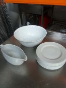 * white bowl, gravy boat and 10 plates