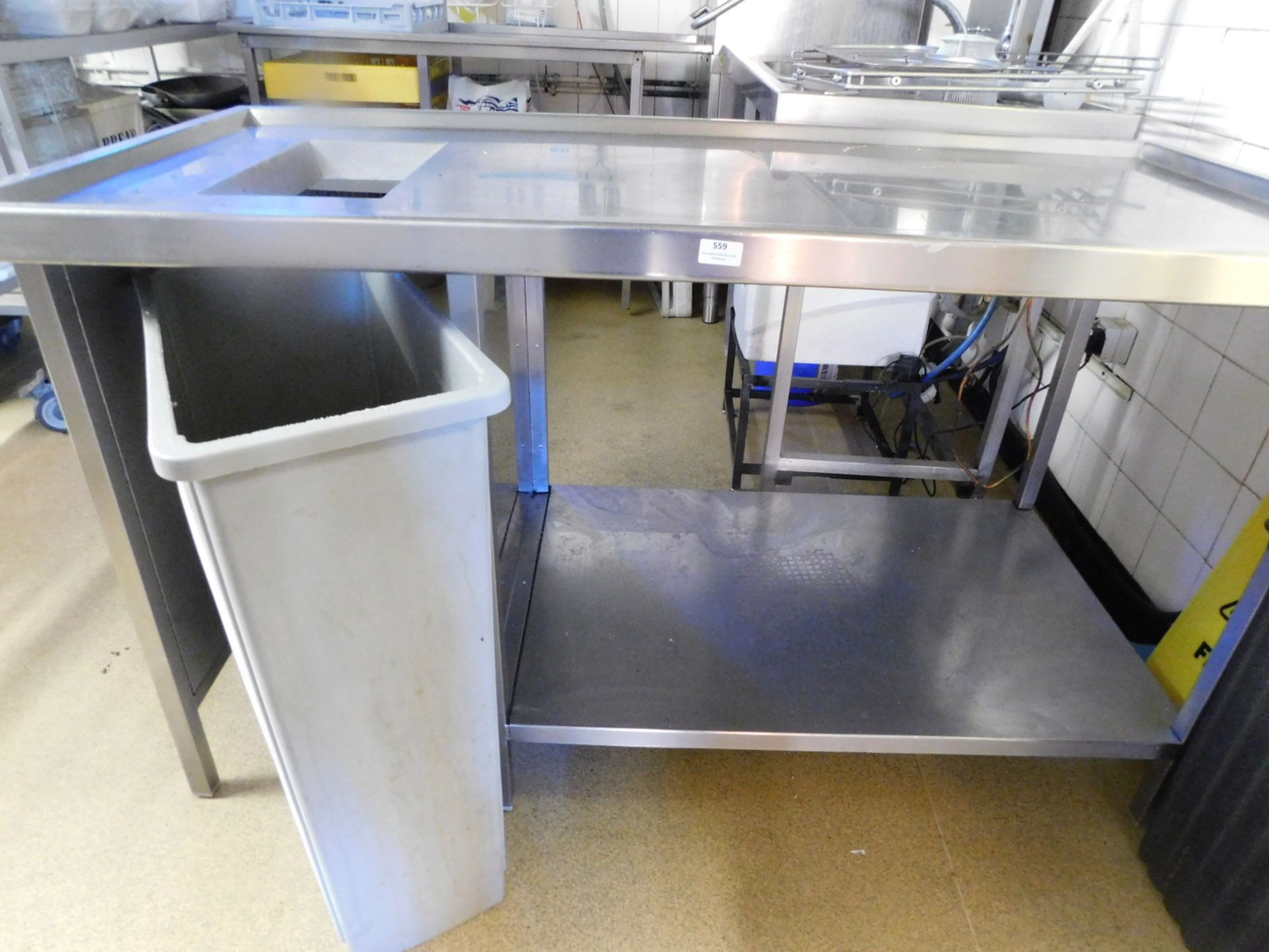 * S/S bench with undershelf and cut out for waste bin (right hand side) complete with end panels