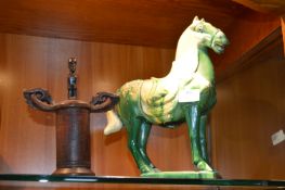 Chinese Style Pottery Horse and a Ethnic Wooden Ca