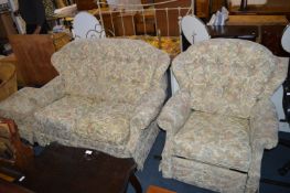 Three Piece Floral Suite; Two Seat Sofa, Armchair