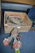 Three Pairs of Vintage Roller Skates and a Wooden