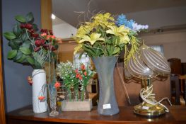 Artificial Flowers in Vases, and a Lamp