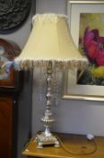 Carved Silver Large Table Lamp with Drop and Green