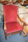 Large Carved Armchair with Red Velvet Upholstery