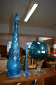 Three Blue Glass Vases