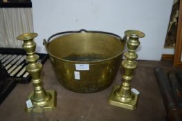 Pair of Brass Candlesticks, and a Brass Jam Pan