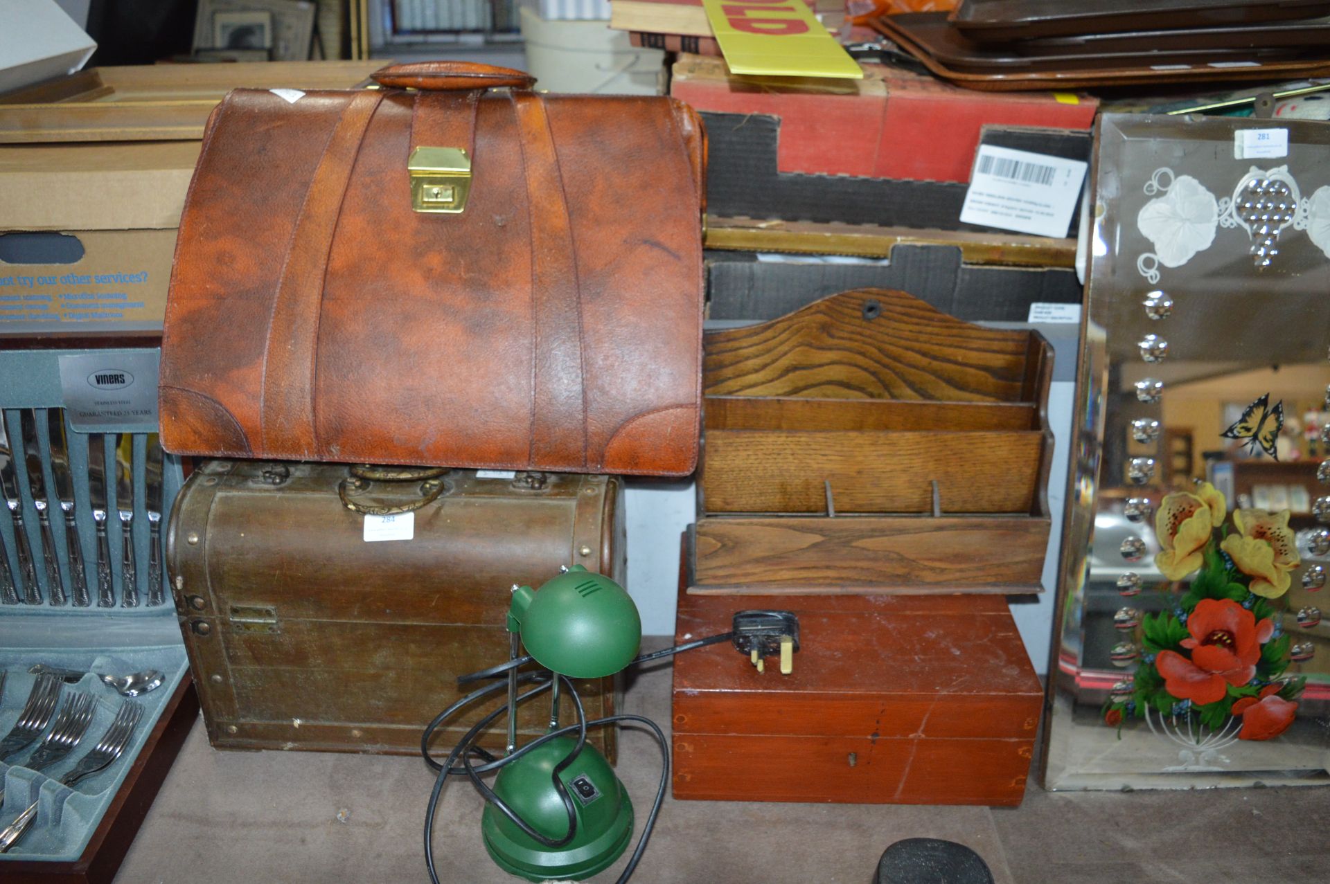 Leather Briefcase, Wooden Box, Oak Stationery Rack
