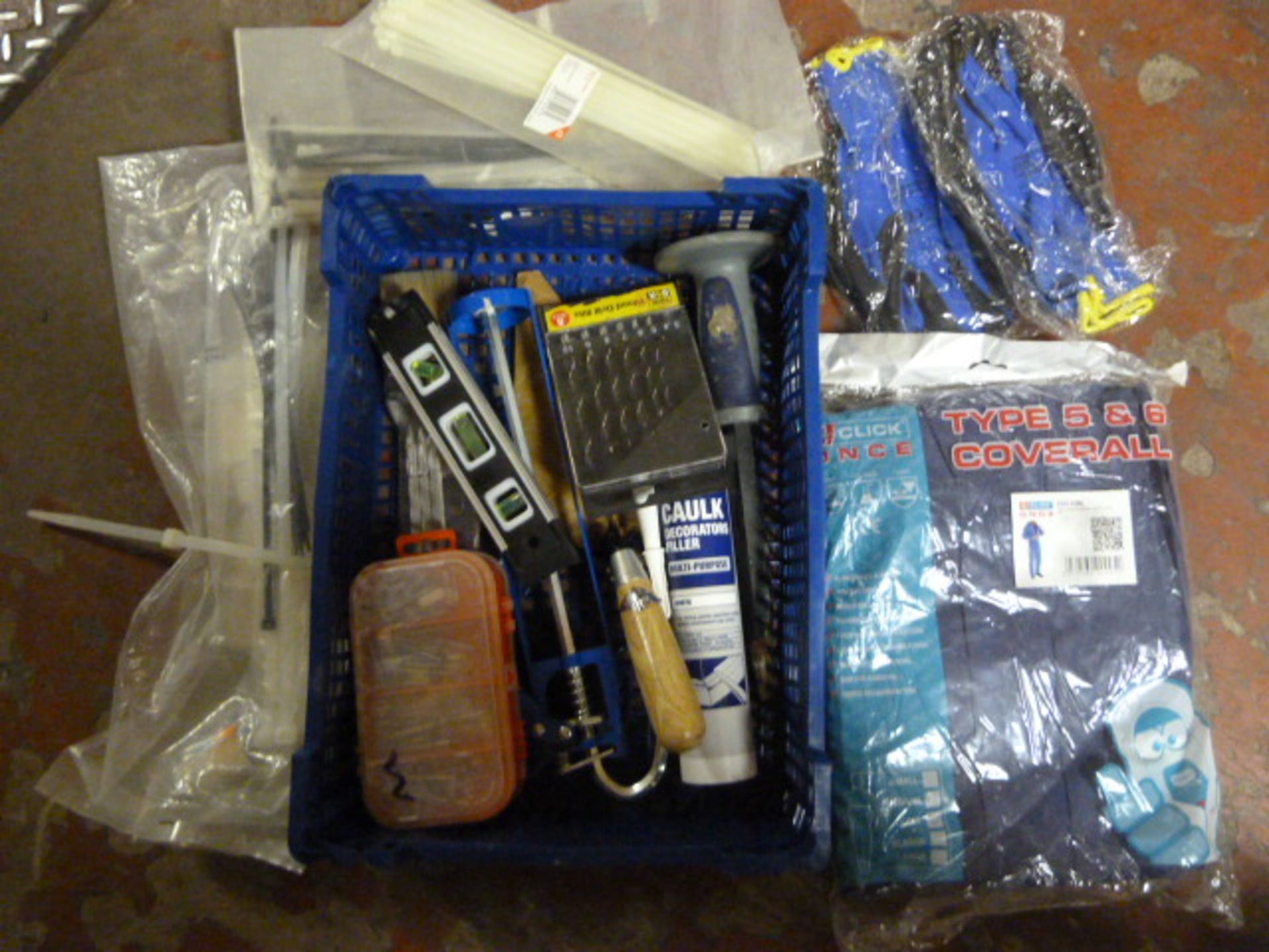 Small Box of Tools, Tie Wraps, Coveralls, and Glov