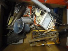 Box of Assorted Tools, Exterior Lamp, Speaker, etc