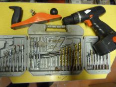 Cordless Drill, Plane, and Drill Bit Set