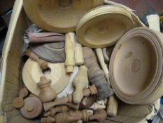 Box of Turned Wood Finials, Handles, Dishes, etc.