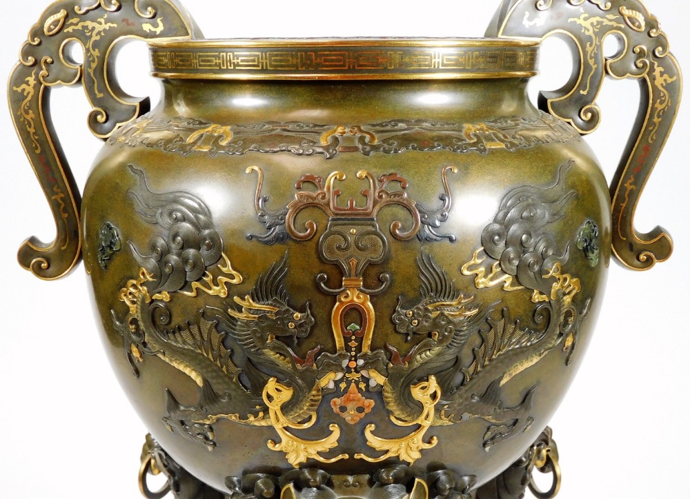 A fine Japanese two-colour patinated bronze koro, with gilt piquet work embellishments, silvered - Image 6 of 17