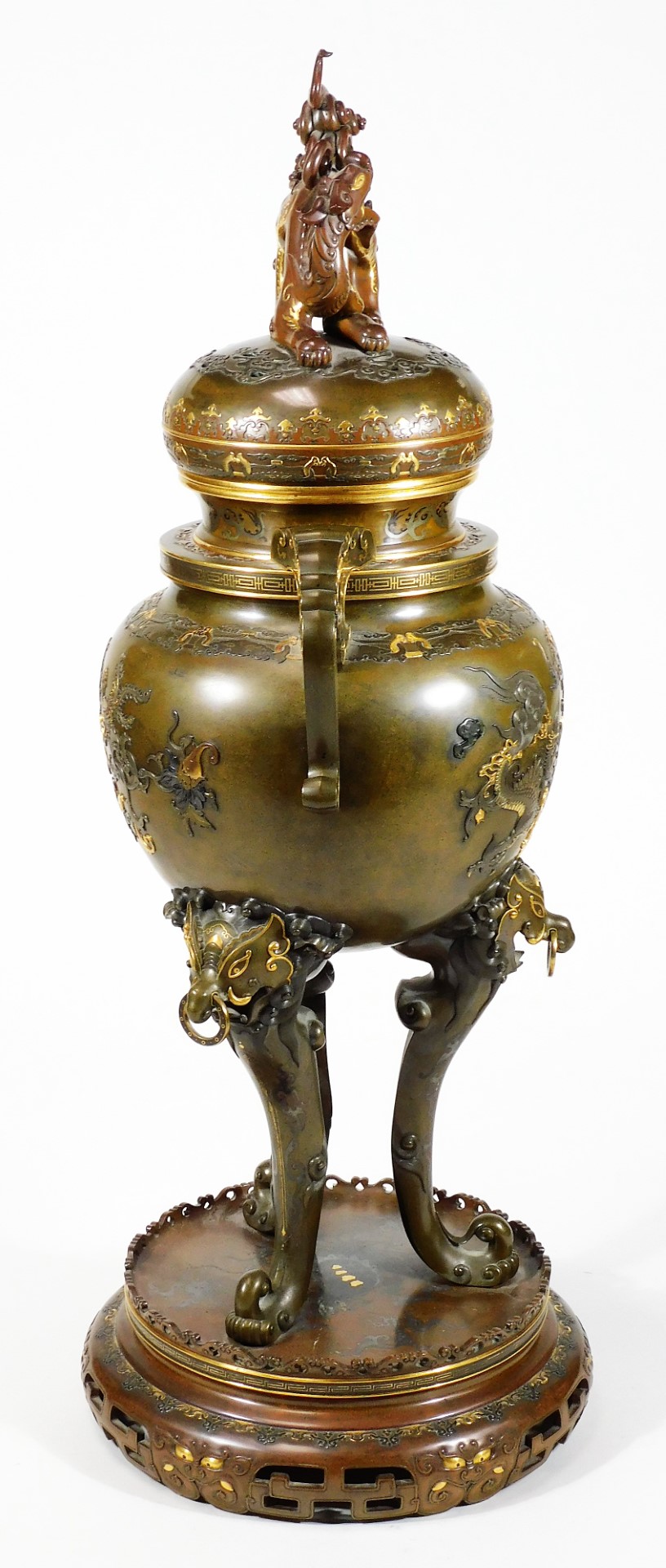 A fine Japanese two-colour patinated bronze koro, with gilt piquet work embellishments, silvered - Image 4 of 17