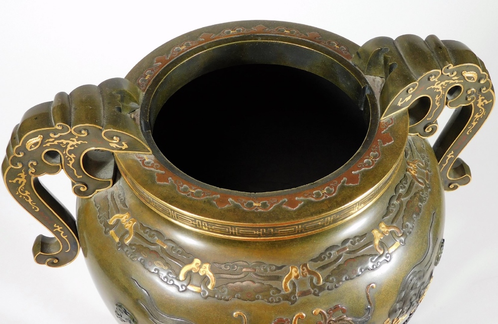 A fine Japanese two-colour patinated bronze koro, with gilt piquet work embellishments, silvered - Image 5 of 17