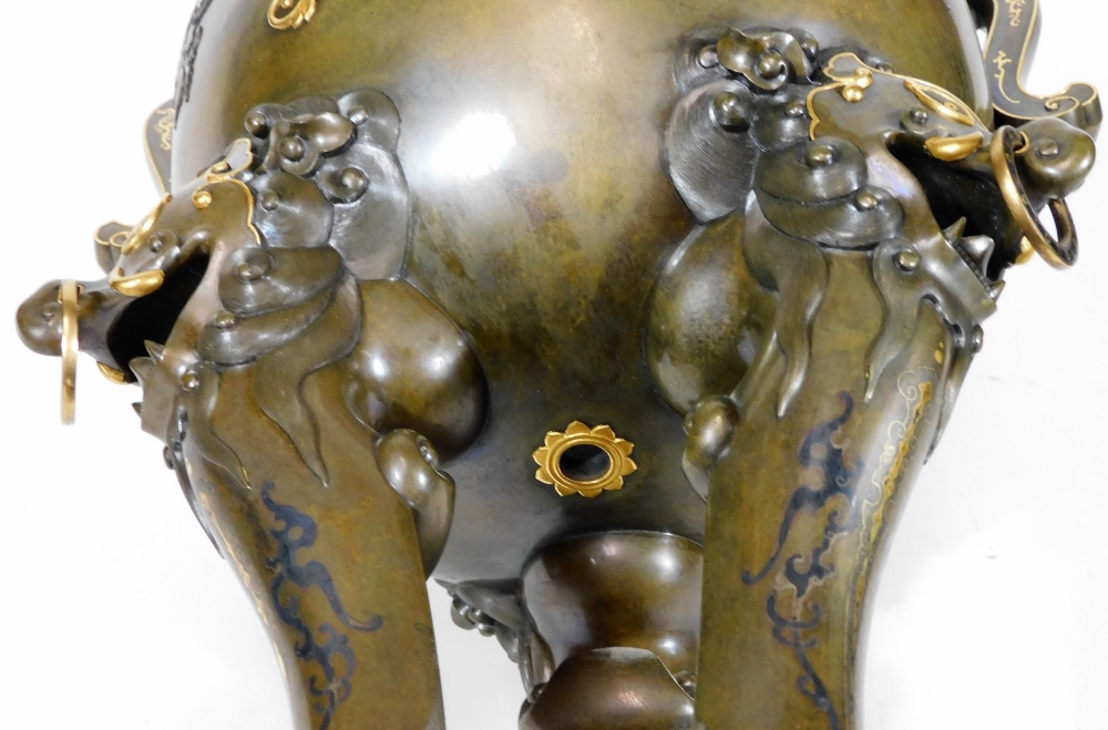 A fine Japanese two-colour patinated bronze koro, with gilt piquet work embellishments, silvered - Image 11 of 17