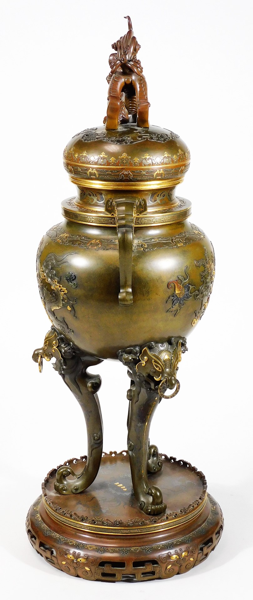 A fine Japanese two-colour patinated bronze koro, with gilt piquet work embellishments, silvered - Image 2 of 17