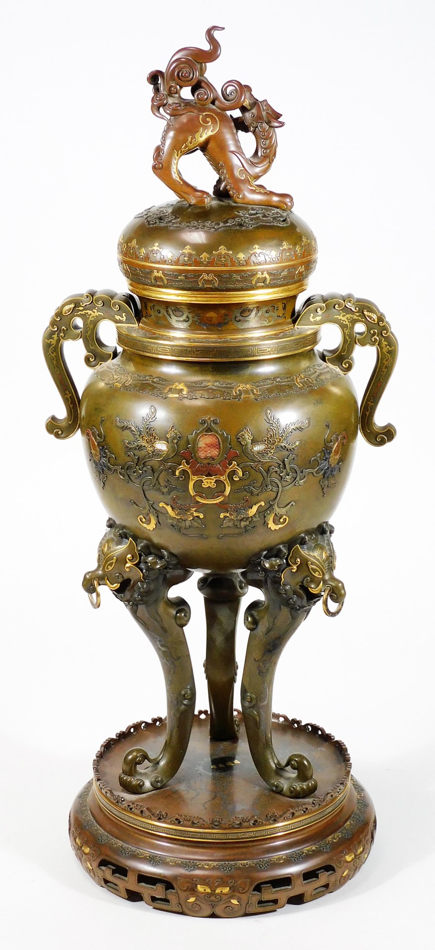 A fine Japanese two-colour patinated bronze koro, with gilt piquet work embellishments, silvered - Image 3 of 17