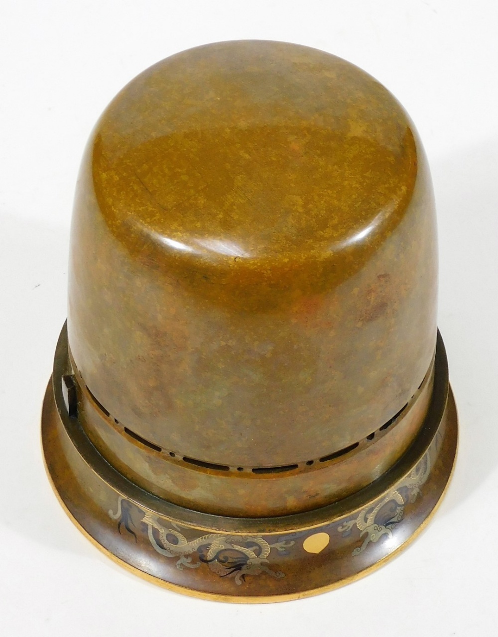 A fine Japanese two-colour patinated bronze koro, with gilt piquet work embellishments, silvered - Image 14 of 17
