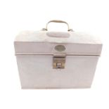 A Victorian tin work box, with a domed lid and brass carrying handle, by J M Dobson, Grimsby, with