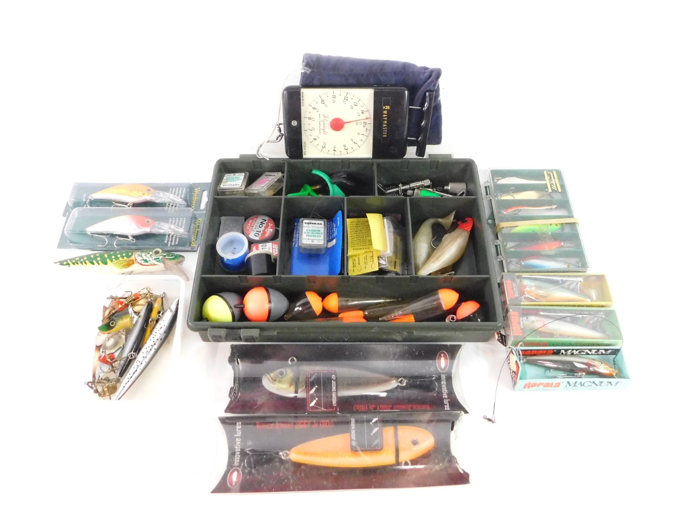 Fishing lures, barbed trebles, floats, etc. (2 boxes)