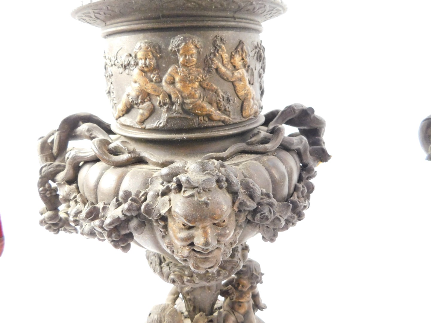 A pair of late 19thC Continental spelter urns and covers, of twin handled semi fluted form, cast - Image 2 of 5