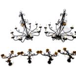 A pair of cast iron ten branch chandeliers, 85cm H, 98cm W, together with four matching three branch