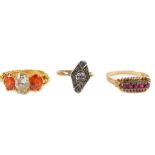 A ruby five stone ring, set in yellow metal, stamped 18ct, size O/P, 3.0g, 9ct gold and gem set