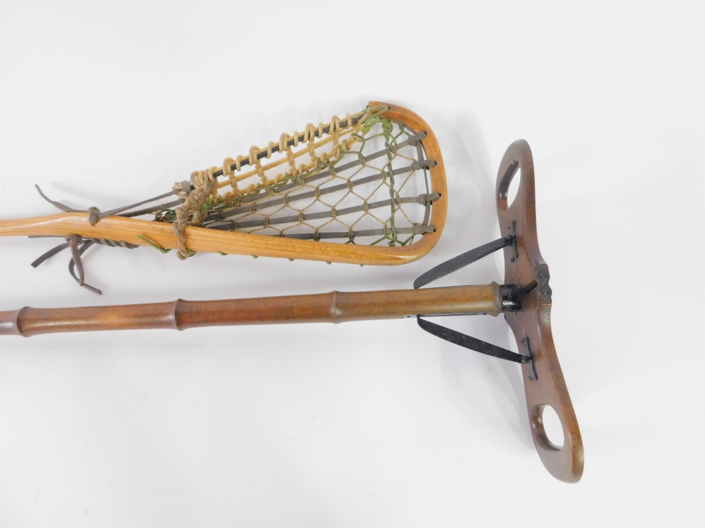 An early 20thC beech wood and black metal shooting stick, 88cm H, together with a vintage lacrosse - Image 2 of 2