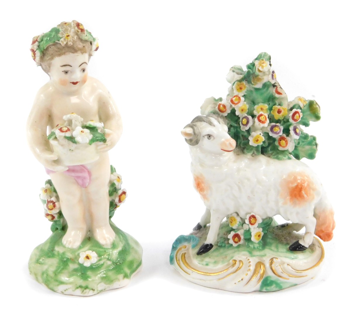 A late 18thC Derby porcelain figure of a Putto, modelled standing holding a basket of flowers,