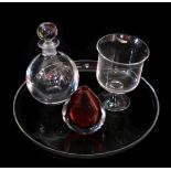 An Orrefors cut glass decanter and stopper, of globular form, 20.5cm H, circular dish, 33.5cm Dia,