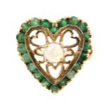 A 9ct gold opal and emerald ring, in an openwork heart shaped setting, size L, 4.5g.