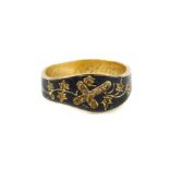 A Victorian 18ct gold black enamel and diamond set mourning ring, decorated with a cross and