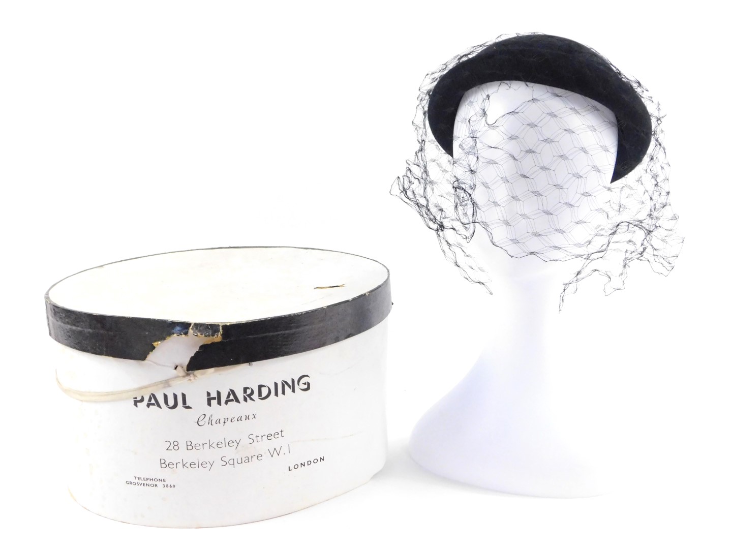 A late 20thC Mary Quant black felt hat, with a black lace all round veil, boxed for Paul Harding,