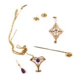 An Edwardian sapphire and seed pearl stick pin, set in yellow metal stamped 15ct, a pair of 9ct gold