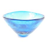Brian Jabez Francis R.M.S, S.G.A. A blue glass bowl, possibly Whitefriars, acid etched with The