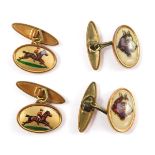 A pair of early 20thC gilt metal double oval link cuff links, c1930's, decorated with a horse and