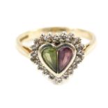 A 9ct gold peridot amethyst and diamond ring, in a heart shaped setting, size N, 3.6g.