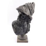 After the Antique. A spelter bust of Ajax, raised on a socle and square base, 37.5cm H.