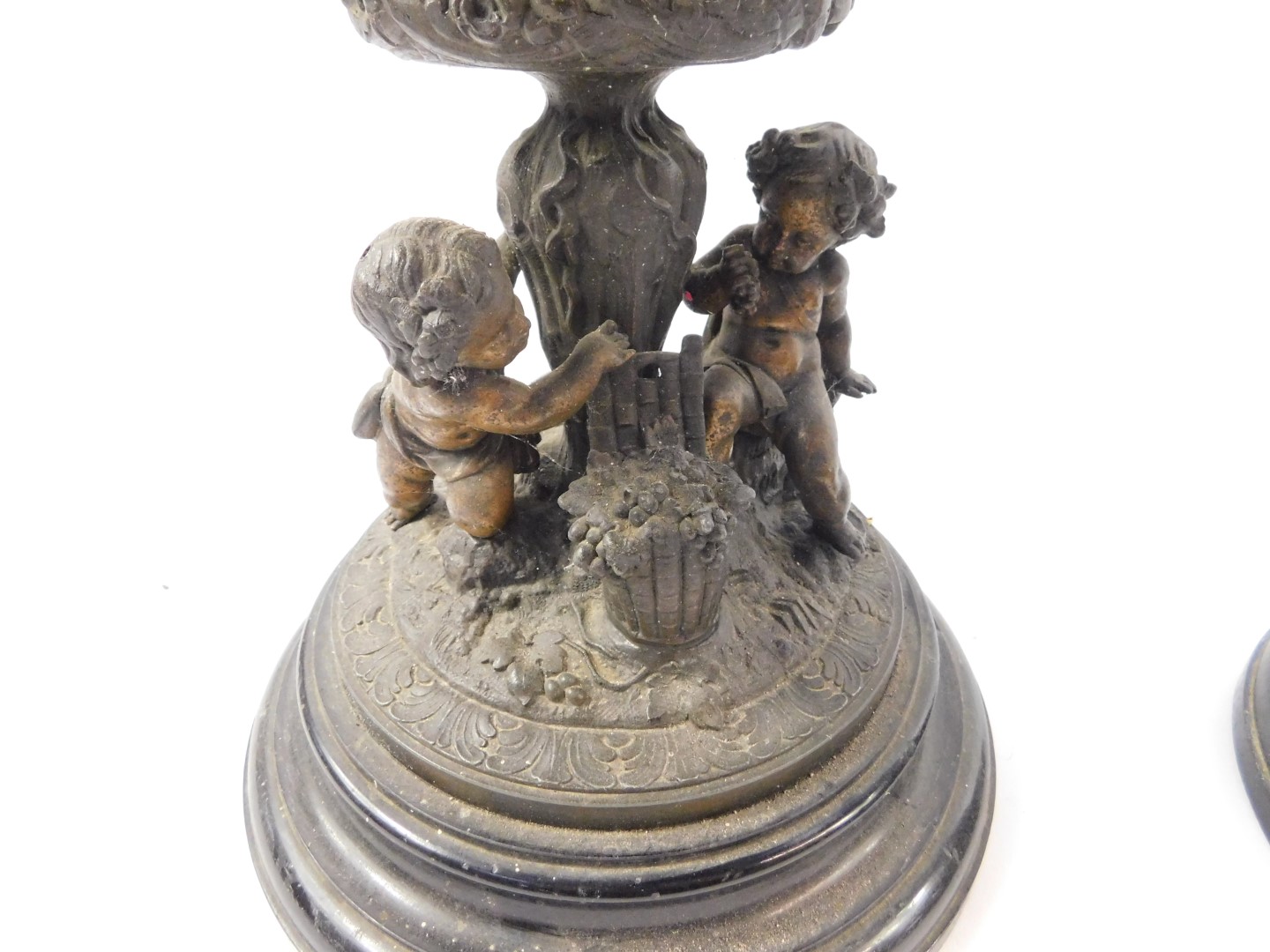 A pair of late 19thC Continental spelter urns and covers, of twin handled semi fluted form, cast - Image 3 of 5