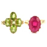 A 9ct gold and peridot five stone flower head ring, size L, together with a 9ct gold ring set with a
