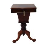 A Victorian mahogany and box wood line inlaid trumpet sewing table, the rectangular hinged lid
