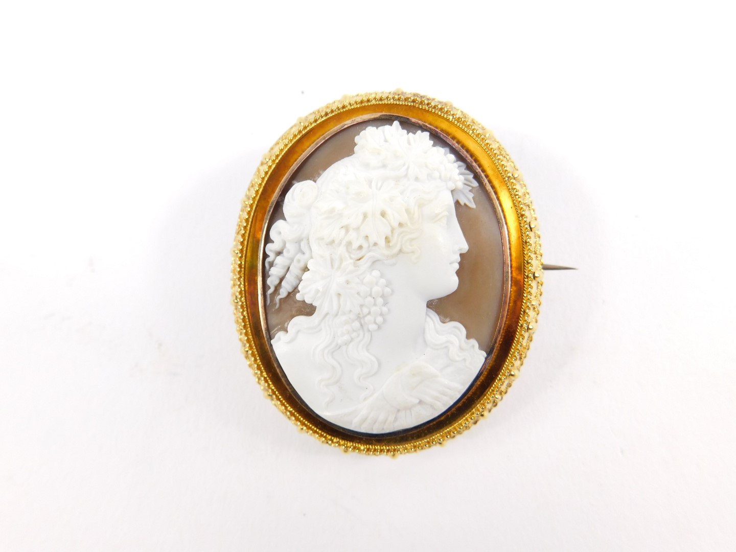 A Victorian oval cameo brooch, set in yellow metal, bust portrait of a lady with vines in her