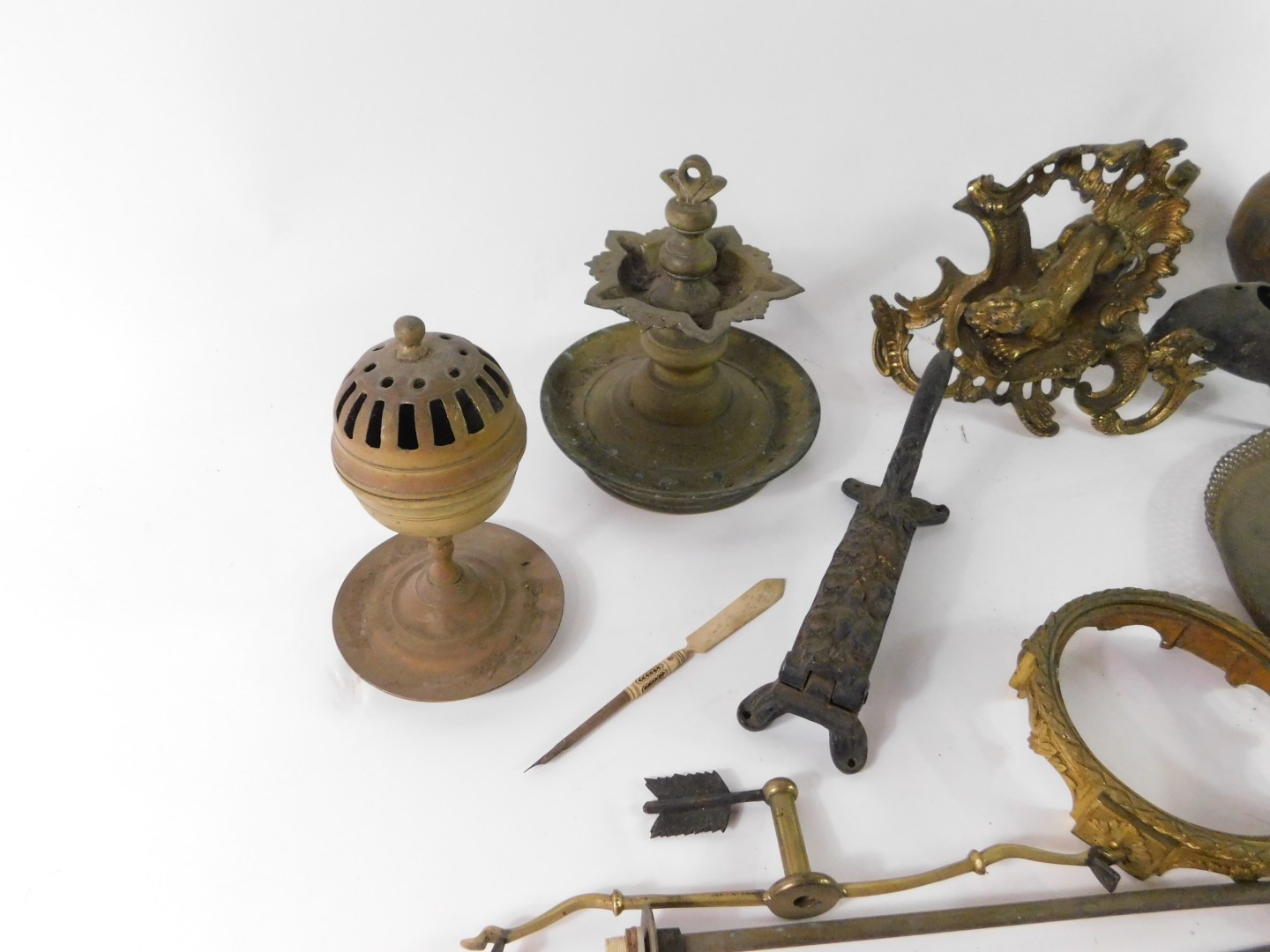 A 19thC cast iron cooking pot, a late 19th French brass chenet cast with a lioness, an incense - Image 4 of 4