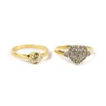 An 18ct gold and diamond heart shaped cluster ring, size N, 3.6g, together with a diamond
