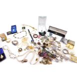 Silver and costume jewellery, including necklaces, brooches, dress wristwatches, earrings and rings.