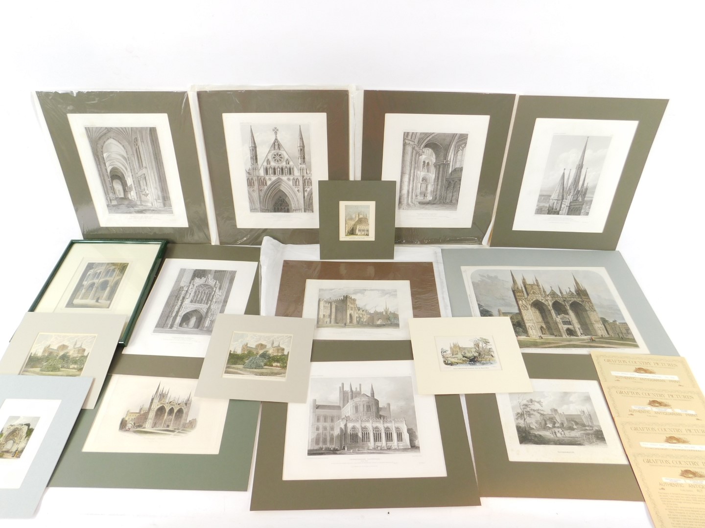 A portfolio of 19thC engravings relating to the interior and exterior of Peterborough Cathedral,