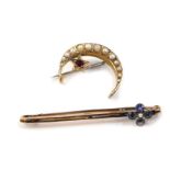 A Victorian seed pearl and garnet brooch, formed as crescent moon and star, set in pierced yellow