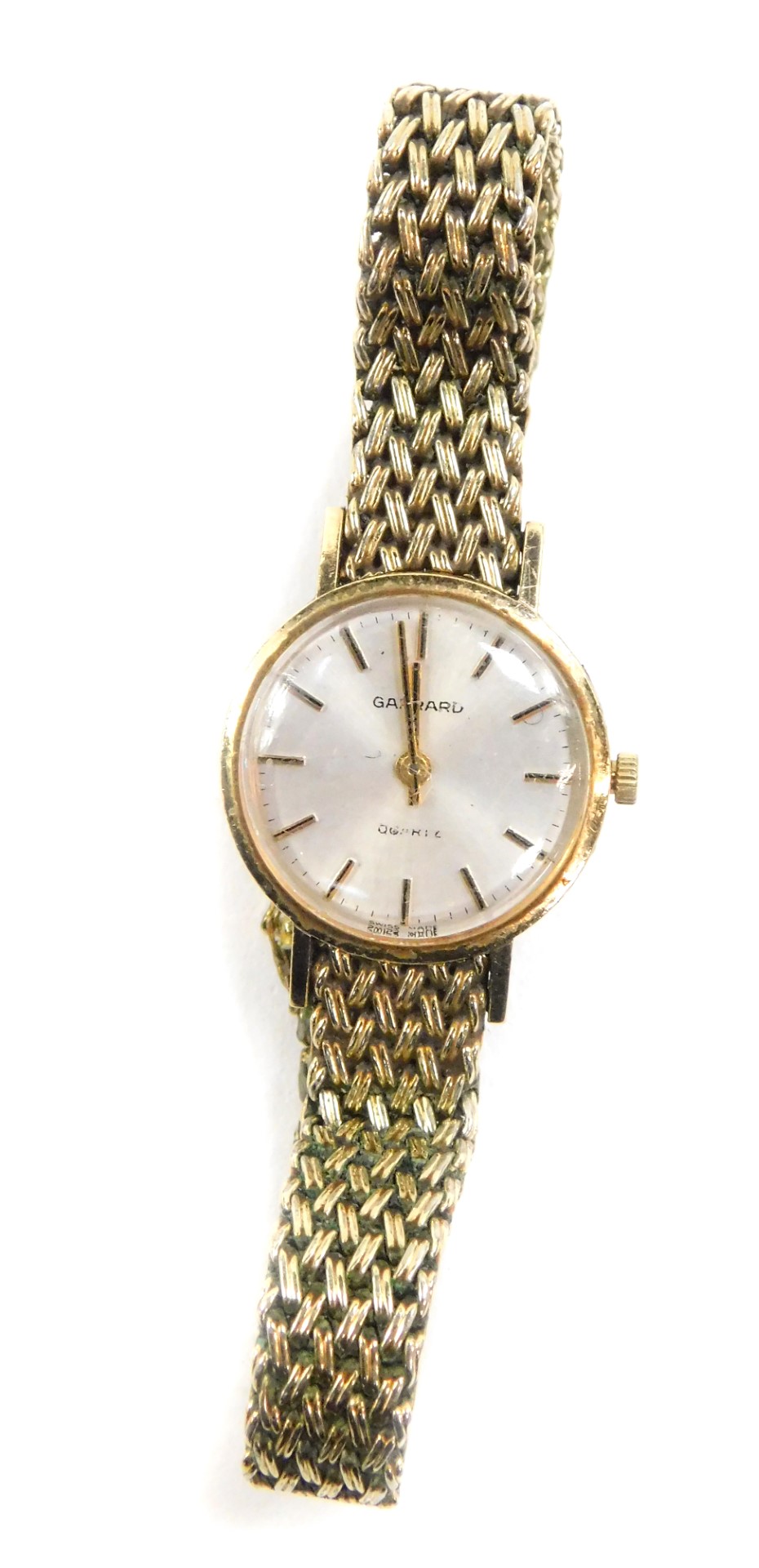 A Garrard lady's 9ct gold cased wristwatch, circular silver dial with gilt batons, on a gold